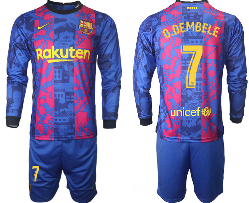 Men 2021-2022 Club Barcelona Second away blue Long Sleeve #7 Soccer Jersey